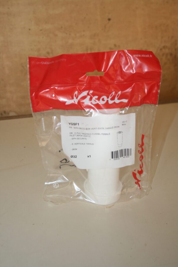 Siphon de sécurité Nicoll YGSF1 sortie verticale Ø32 dans son sachet